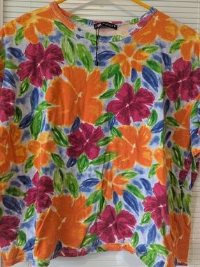 Zara Multicolor Floral Summer Short Sleeve Top Shirt Blouse Large